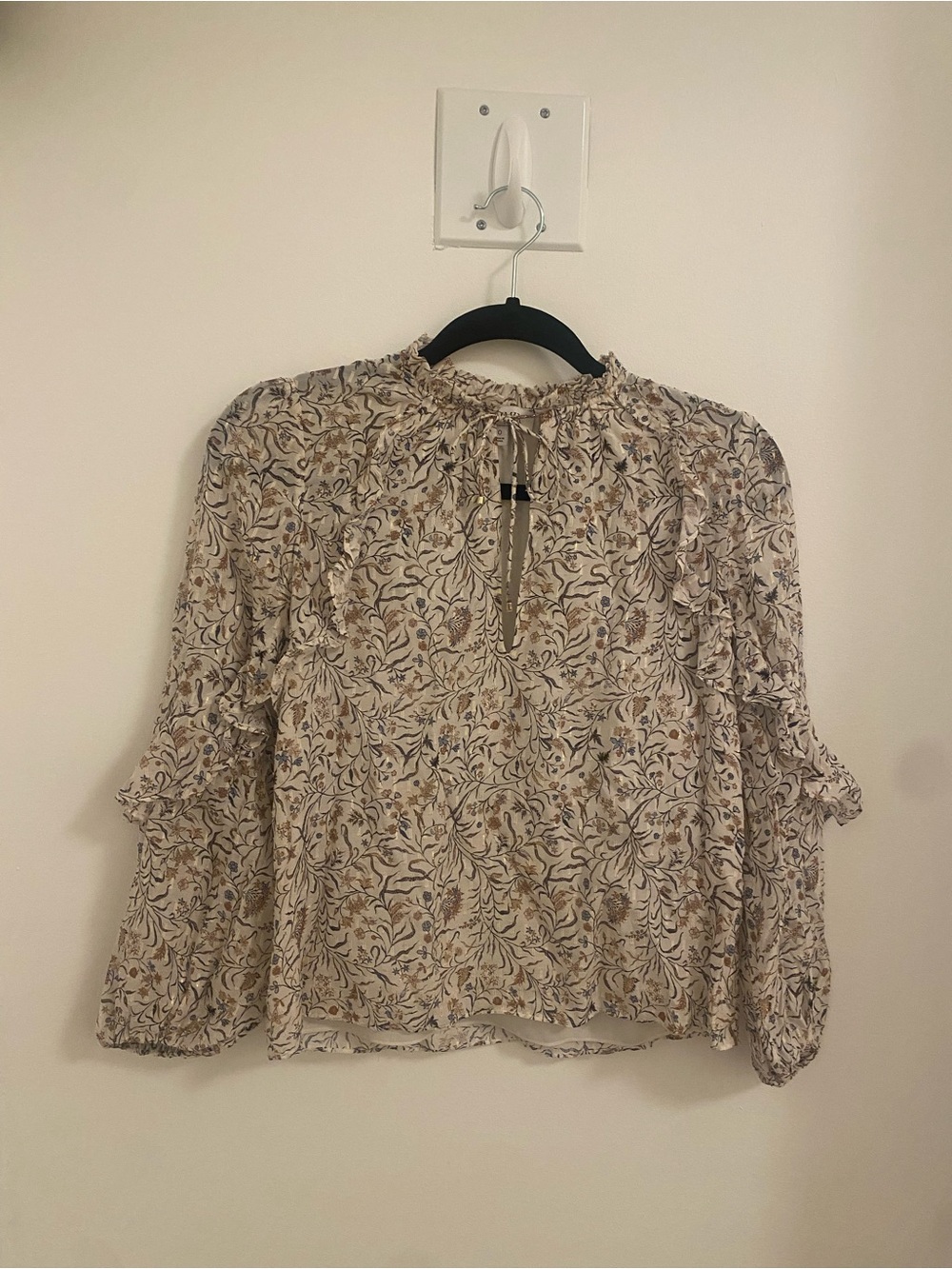 INTERMIX Cream Floral Tie-Neck Blouse